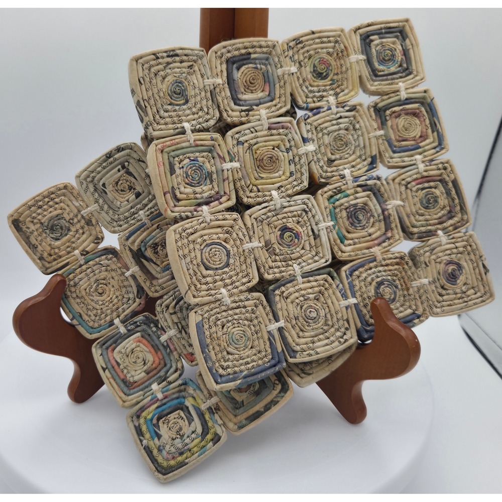 Vintage Trivet Handmade Recycled Newspaper Coil Boho Upcycled Paper Hot Pad S/2
